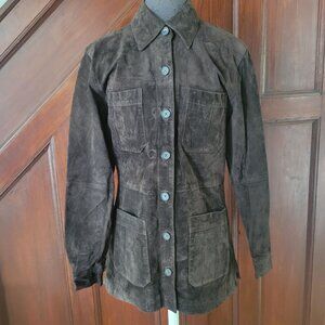 Vintage Cadence Brown Suede Button-Down Jacket With Four Pockets & Collar